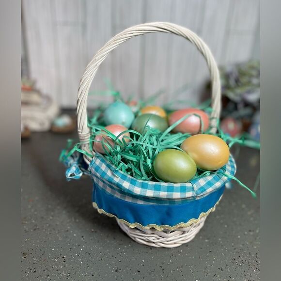 10” Basket Oval White w/ Handle Blue Gingham Liner Yellow RicRac Trim EPC - Picture 4 of 10